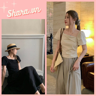 Áo thiết kế WG WE cổ vuông lật tay ngắn chiết eo, áo kiểu nữ màu sắc vinatge tiểu thư Shara SR770 TD
