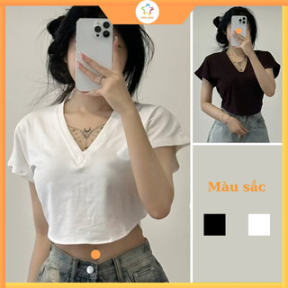 Áo thun croptop nữ vạt bầu cổ tim, áo phông cộc tay cổ tim chất thun co dãn nhẹ mềm mát A001 - VIETSTAR
