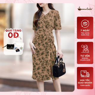 SWANLAKE | Đầm Thun Gân Cotton Nhung Mềm Mịn Co Giãn Thấm Hút Họa Tiết Hoa Cổ V Xoắn Eo Tôn Dáng Sang Trọng - D11216LW01