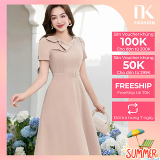 Đầm Xòe Nơ Cổ Đai Eo NKFDV2304003 Thương Hiệu NK Fashion Công Sở Nữ Sang Trọng, Thanh Lịch, Tôn Dáng, Thiết kế Cao Cấp