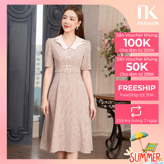 Đầm Kẻ Đai Bọc Phối Cổ NK FASHION Dáng Xòe Thanh Lịch Chất Vải Nhập Hàn Cao Cấp Đứng Phom Không Nhăn NKDV2302007
