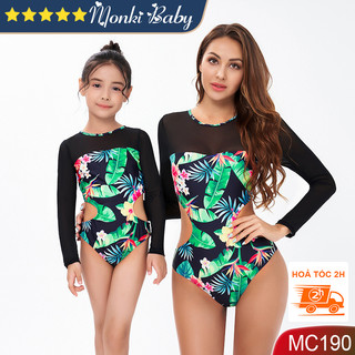 Bikini đôi mẹ con, bộ bơi cho mẹ và bé gái, size con đến 38kg, mẫu liền thân quần đùi trong dễ mặc | KT027