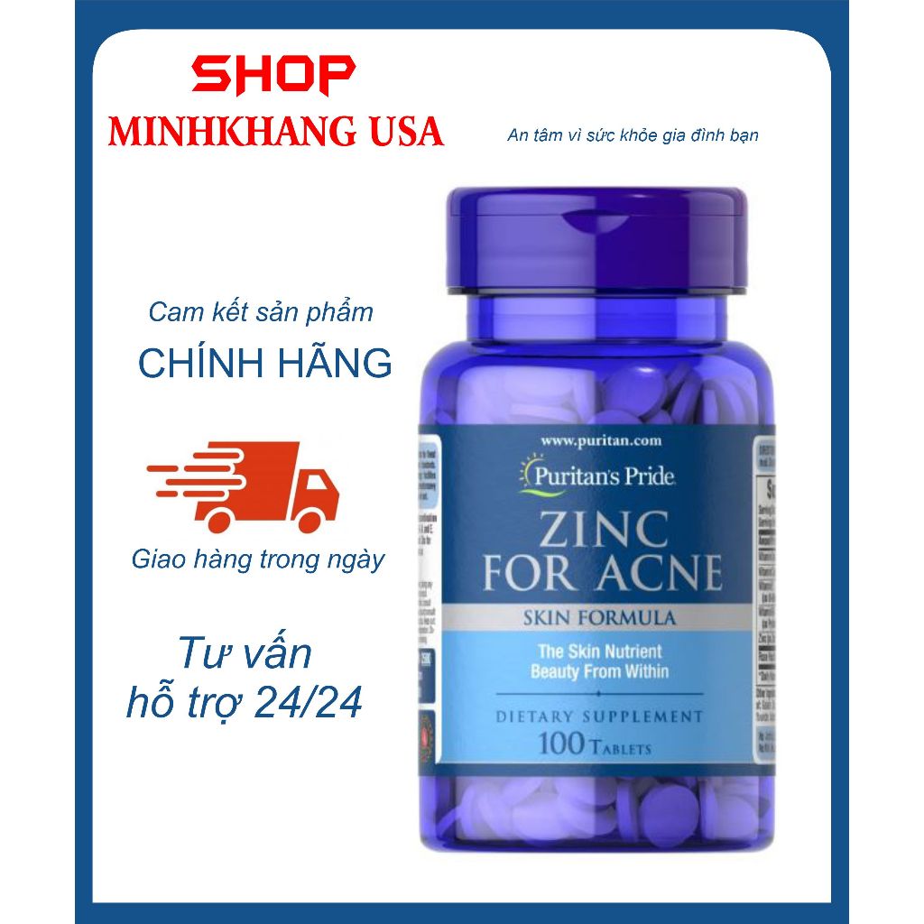 Viên Bổ Sung Kẽm Giảm Mụn ZINC FOR ACNE Puritan's Pride 100 Viên