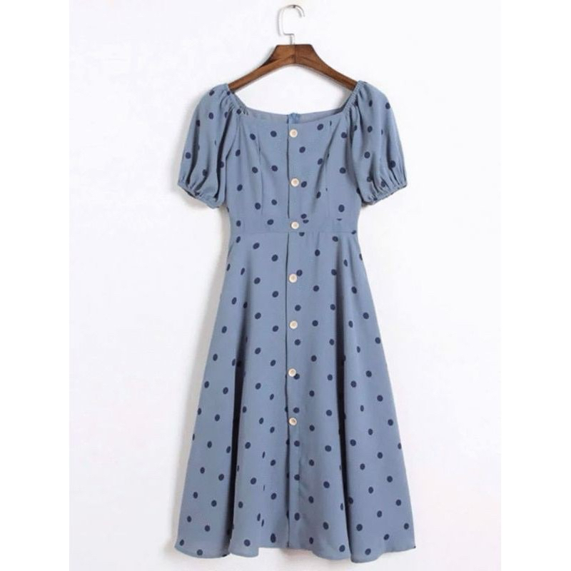 Đầm xanh bi dáng dài cổ vuông tay bồng size S M