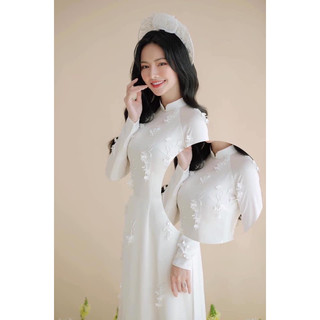 Áo dài trắng hỏi cưới tiệc đính dây chuỗi hoa nơ