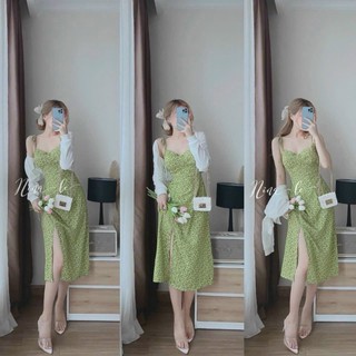 Đầm midi trễ vai xẻ tà chất lụa in hoa có mút ngực kèm áo khoác dài tay chất thun gân phù hợp đi chơi đi biển Ht111