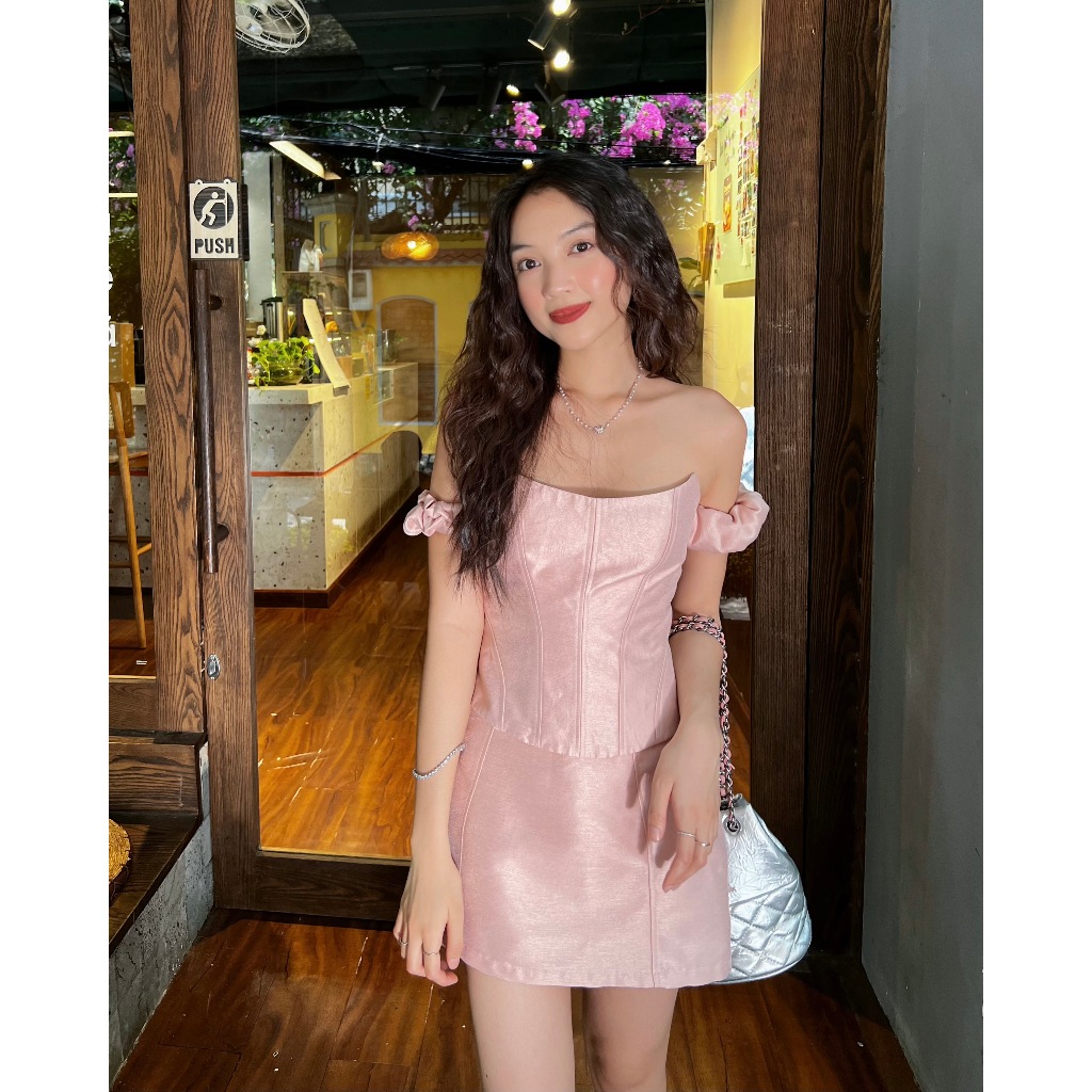 Set Áo Croptop Trễ Vai Phối Chân Váy Dáng A ( Bán Lẻ ) - GALI SET