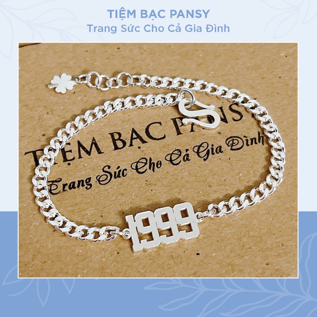 Lắc tay bạc nam nữ PANSY khắc năm sinh theo yêu cầu - Vòng gắn năm sinh chất liệu bạc ta cao cấp