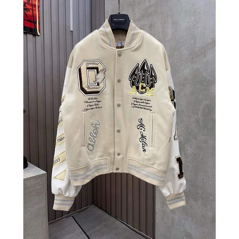 ⚡️Hàng Mới ⚡️ Áo Khoác bomber O.f.f… .White Ac Milan Varsity Jacket Áo bomber jacket OW x AC Milan