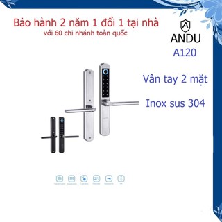 Khóa a120 vân tay 2 mặt andu khóa cửa cao cấp cửa nhôm, cửa sắt app tiếng việt, màu đen, inox, remote, 6 chức năng