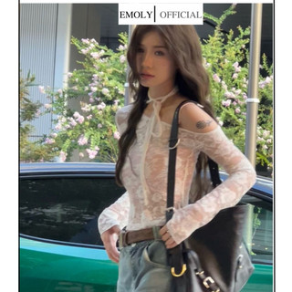 Áo croptop trễ vai, Áo trắng xuyên thấu phối ren hoa dài tay phong cách độc đáo - A01