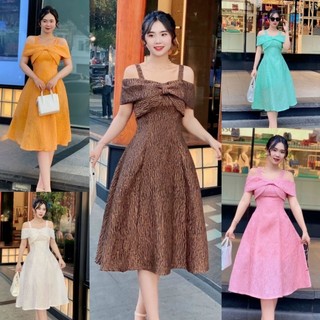 Đầm xoè gấm bẹt vai nơ-tặng hoa tai