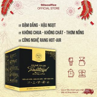 (HỘP 30 GÓI) Cà Phê Rang Mộc Nguyên Chất 100%, Cà Phê Túi Lọc Traditional 90S Coffee Đậm Đắng Hậu Ngọt Không Chua