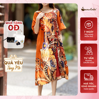 SWANLAKE | Đầm Trung Niên Phom A Phối Dây Đan Vải Đũi Bông - D11064LW01