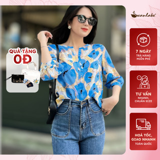 SWANLAKE | Áo Kiểu Cổ Trụ Vải Cotton Bông Xanh/Cam- A11048LW01