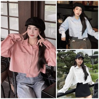 Áo sơ mi croptop trơn vạt lệch metwo.dearu - áo sơ mi nữ basic dài tay cách điệu dáng lửng dày dặn ulzzang hq