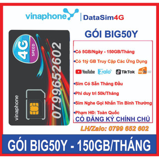 Sim 4g/5g vinaphone gói big50y có 5gb/ngày - 150gb/tháng