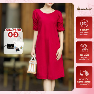 SWANLAKE | Đầm Trung Niên Phom Suông Tay Rút Nhún Nút Bọc Vải Linen Tưng - D11008LW01