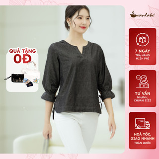 SWANLAKE | Áo Kiểu Tay Lỡ Cột Nơ Vải Jean Wash Mềm - A11027LW02