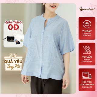 SWANLAKE | Áo Nữ Trung Niên Phom A Thêu Cổ Trụ Thêu Tiệp Màu Cao Cấp Tặng Mẹ - A10383LW01