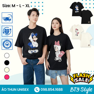 Áo Thun Chuột Mickey Disney Unisex, Áo Đôi Nam Nữ Form Rộng Chất 100% Cotton 2 Chiều Không Phai