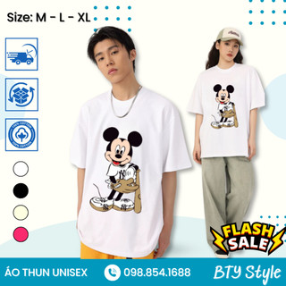 Áo Thun Chuột Mickey Bóng Chày Unisex, Áo Phông Nam Nữ Form Rộng Chất Liệu Cotton Co Dãn 2 Chiều Không Phai