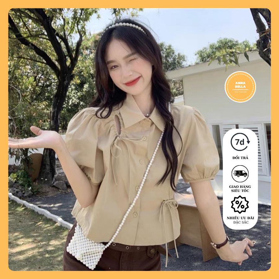 áo croptop sơ mi nữ tay bồng ngắn phối rút dây thắt nơ xinh xắn, áo croptop sơ mi nữ nhiều màu basic