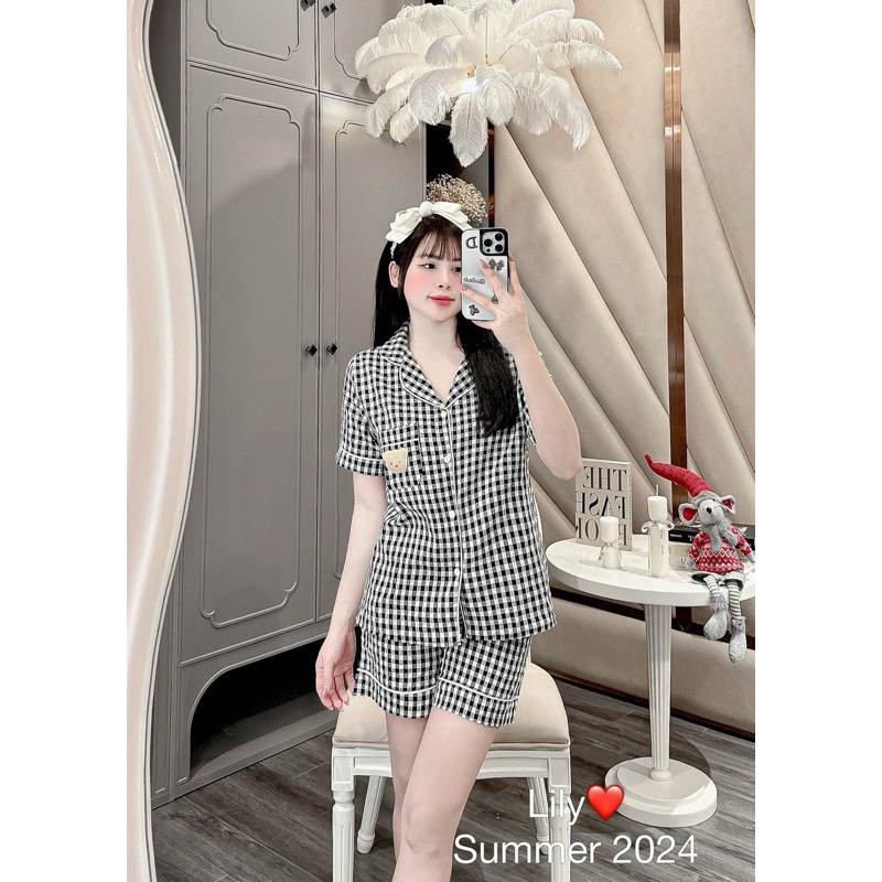 Bộ Ngủ Pijama caro con gấu áo cộc quần ngắn chất đũi Lạnh