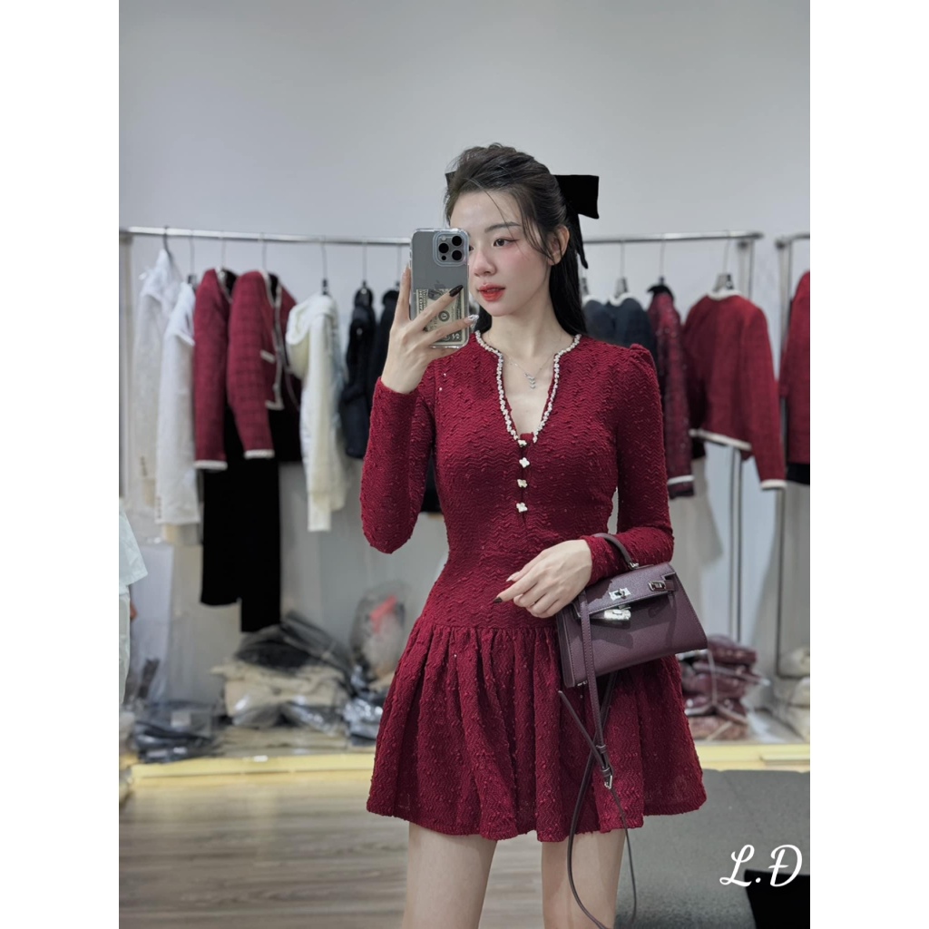 Váy Dạ Xốp Hạt Đính Đá Viền Cổ Dáng Ngắn Bồng Xoè Dài Tay Nhẹ Nhàng Nữ Tính Tiểu Thư Diện Tiệc Siêu Đẹp Bùi Đượm Concept