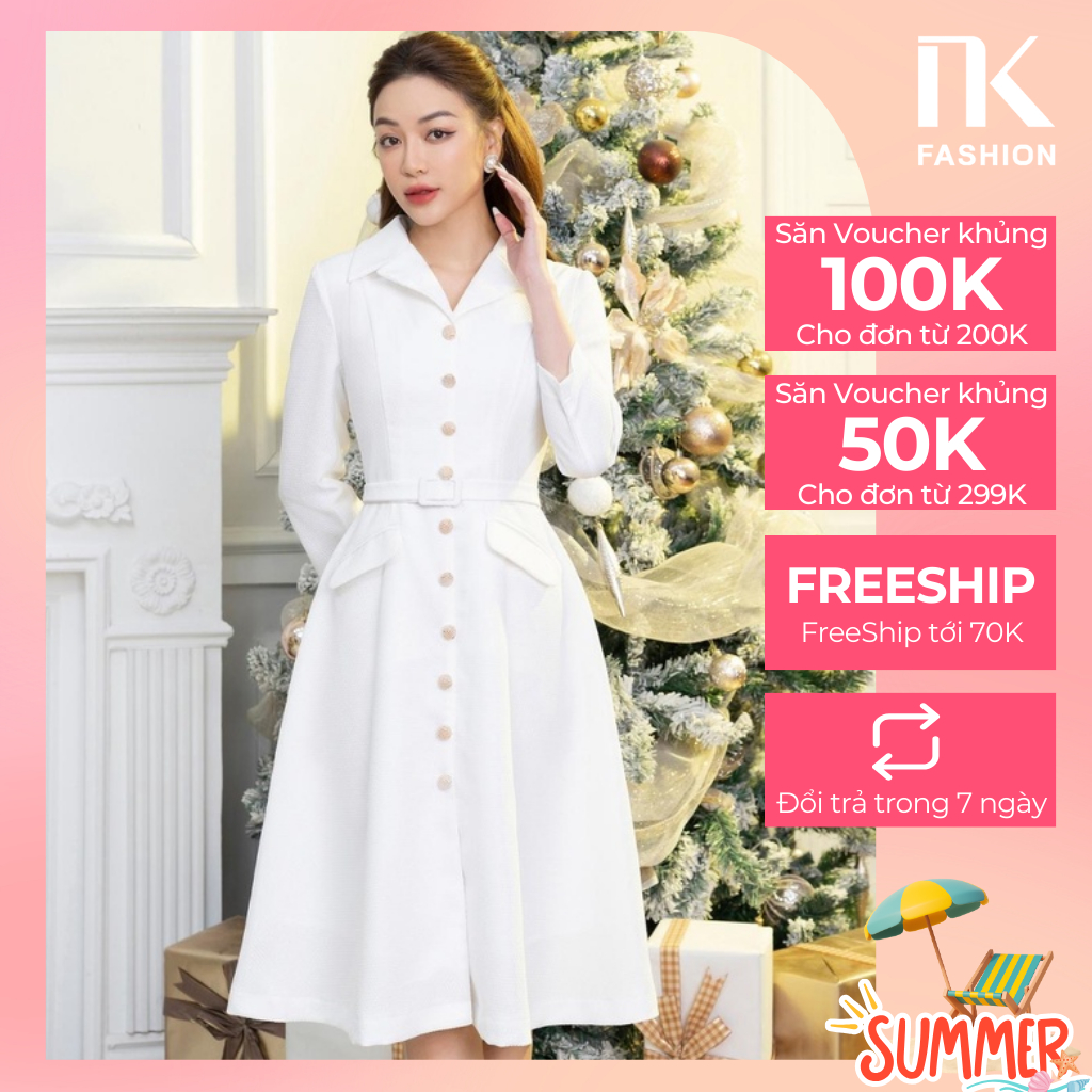 Đầm Xòe Cổ Sơ Mi NK FASHION Thiết Kế Đai Bọc 2 Nắp Túi Thanh Lịch Chất Liệu Cao Cấp Đứng Phom NKDV2211002