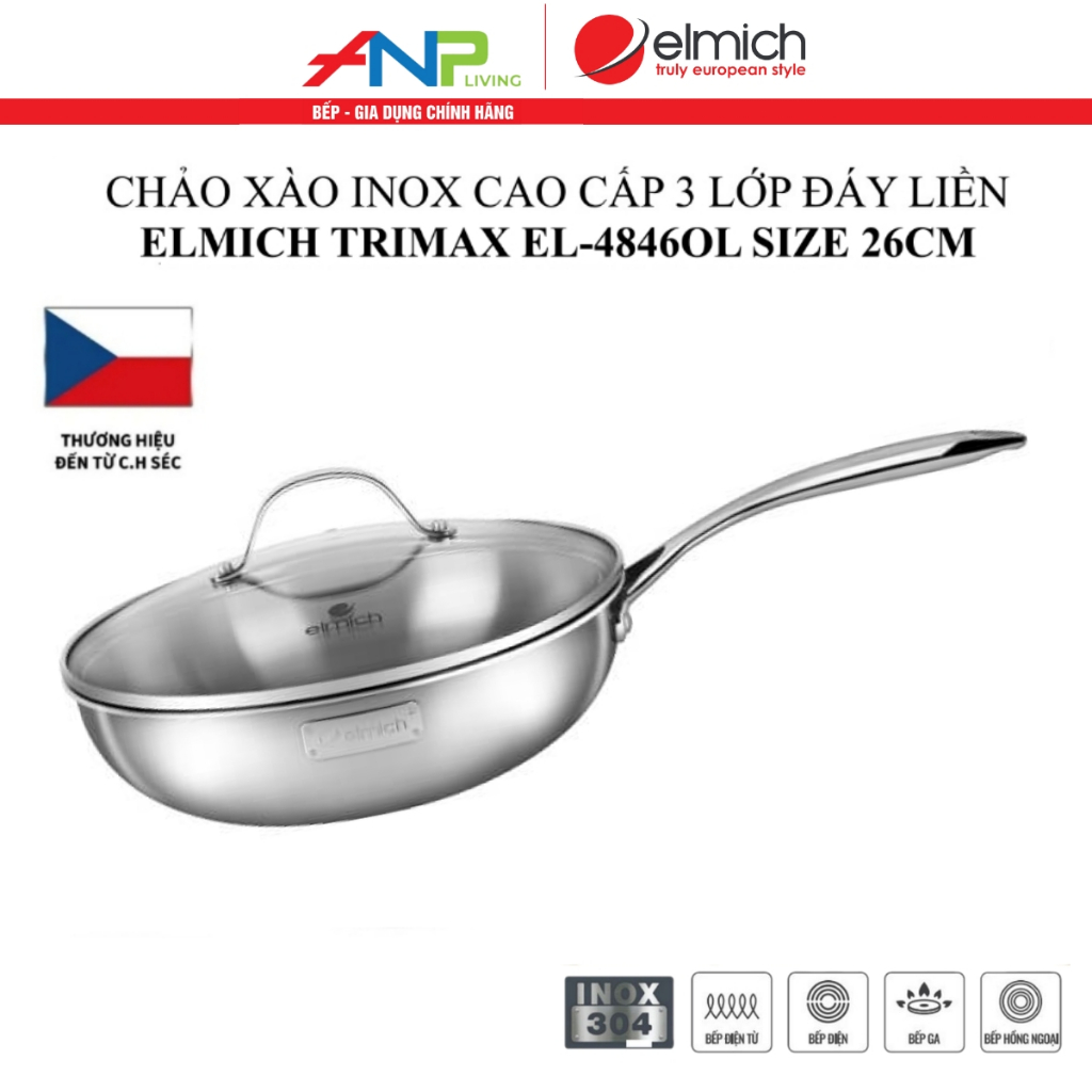 Chảo INOX 3 Lớp Đáy Liền Sâu Lòng ELMICH EL-4846OL (Size 26cm, Có Vung Kính)