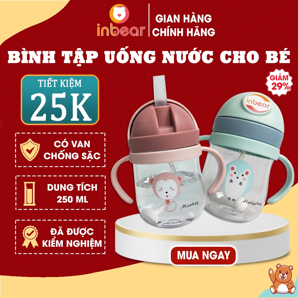 Bình Tập Uống Nước Cho Bé  250ml, Có Van Chống Sặc, Bình Tập Hút Có Tay Cầm, Ống Hút Silicon