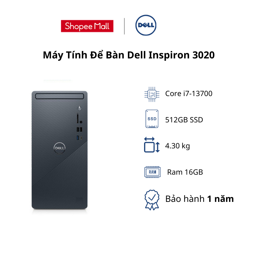 Máy Tính Để Bàn Dell Inspiron 3020 ( MTI71028W1-16G-512G+1T ) Geforce RTX 3050 8GB | K & M | WL BT | Win 11 SL | 1Yr