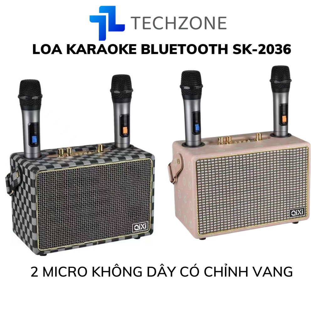 Loa Bluetooth SK-2036 , Có Sẵn 2 Micro Không Dây , Hát Karaoke Nghe Nhạc Bass Cực Đỉnh - Chuẩn qixi TECHZON