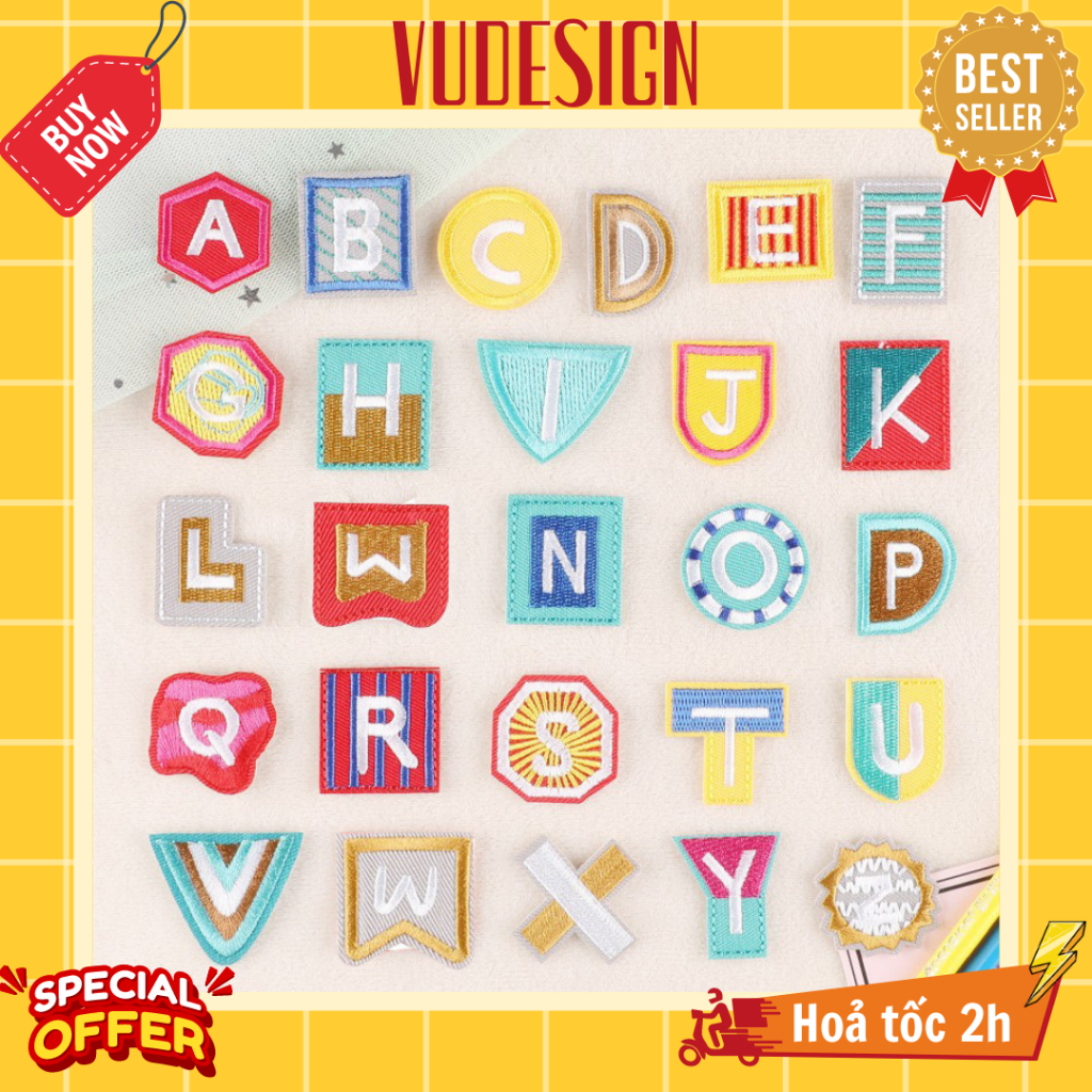 Sticker Vải, Sticker Ủi Thêu Quần Áo, Balo, Túi Logo Bảng Chữ Cái Alphabet Hình Học Nhiều Màu Cho Bé