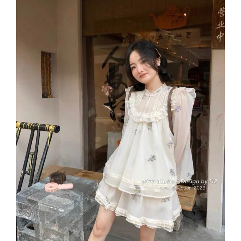 set áo babydoll voan tơ hoa kèm chân váy