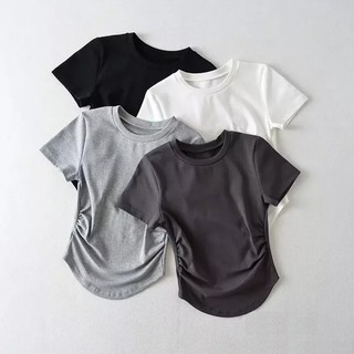 Áo thun nữ vạt bầu nhúm eo, áo thun trơn cổ tròn vải thun tăm mềm mịn co giãn 4 chiều