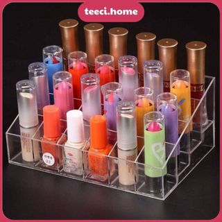 <Tặng Sticker> Khay Đựng Son 24 Ô Nhựa Mica Kệ Chứa Mỹ Phẩm Cọ Trang Điểm Chất Liệu Nhựa Mica Trong Suốt TEECI U002