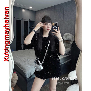 Hv - áo nhung đính đá tay cộc from rộng unisex