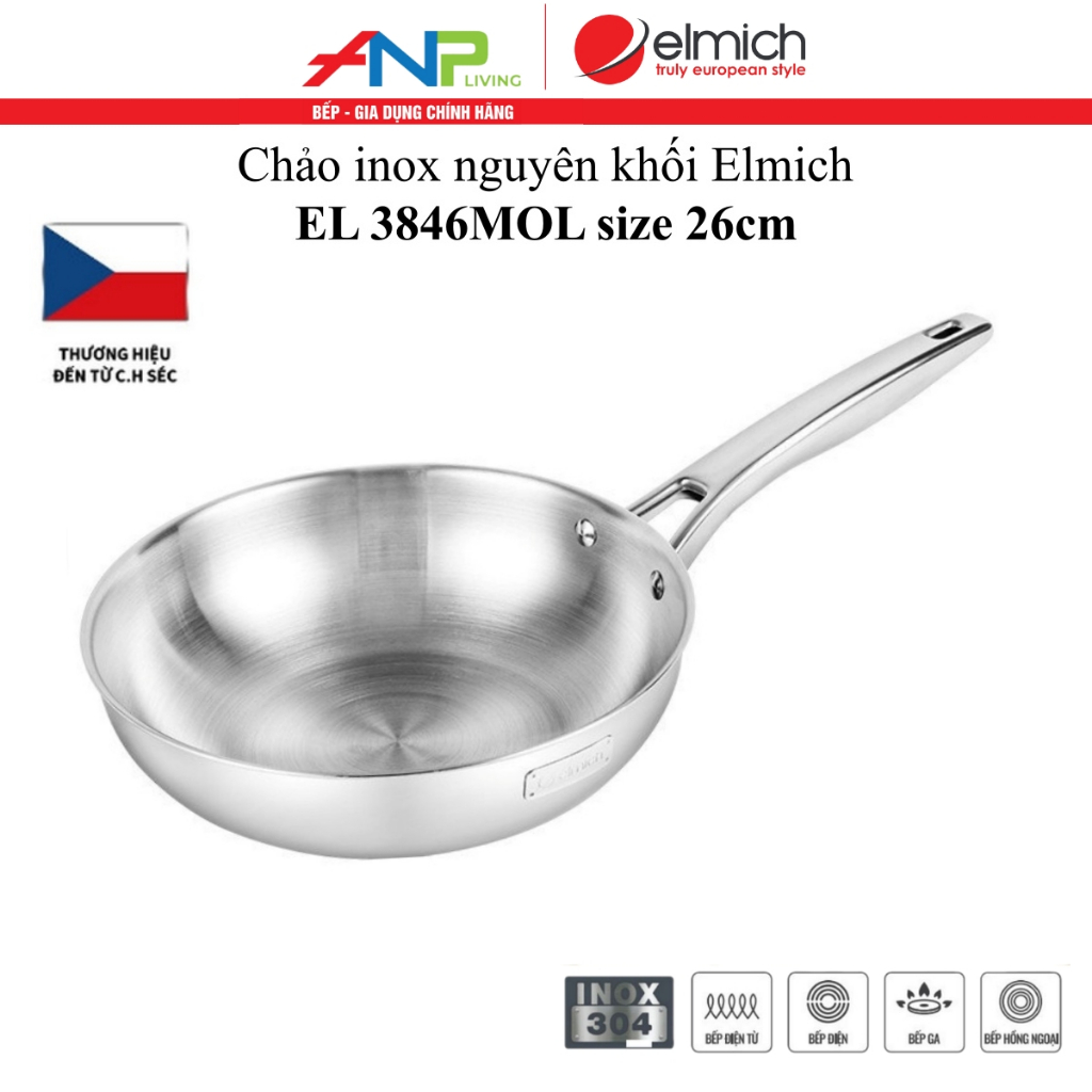 Chảo INOX 3 Lớp Liền Khối, Sâu Lòng Elmich Trimax EL-3846MOL (Size 26cm)
