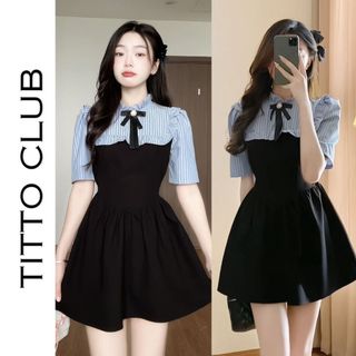 Váy đầm tiểu thư ngắn tay bèo nơ mix kẻ xanh - titto club