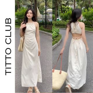 Váy nữ dáng dài cổ yếm rút dây, váy hở lưng, váy 2 dây du lịch - titto club