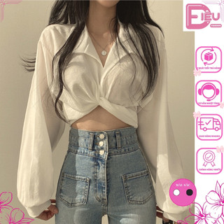 Áo sơ mi tay dài nữ croptop kiểu xoắn ngưc cột nơ sau Điệu Fashion , Áo kiểu nữ phong cách thời trang nữ tính sexy - A62