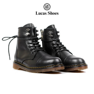 Giày Da Nam Combat Boots 058 Zip Lucas Shoes, Giày Chiến Binh Cao Cổ, Da Bò Đen, Đế Kếp Có Khâu Đế - BH 1 Năm