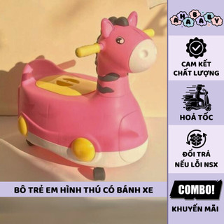 Bô vệ sinh cho bé 2 trong 1 hình thú có bánh xe màu hồng 9BABY
