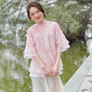 SÉT Phật tử đi lễ chùa in hoa hông phối quần trắng pháp phục đồ lam