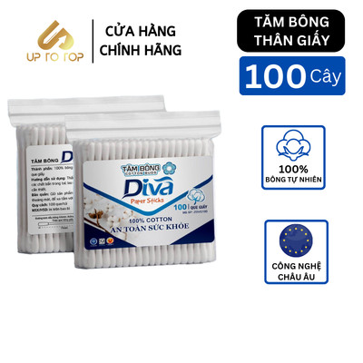 Tăm bông ráy tai Diva Thân Giấy 100% Bông Tự Nhiên Túi 100 cây