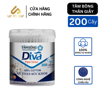 Tăm bông ráy tai Diva Thân Giấy hộp tròn 100% Bông Tự Nhiên 200 cây