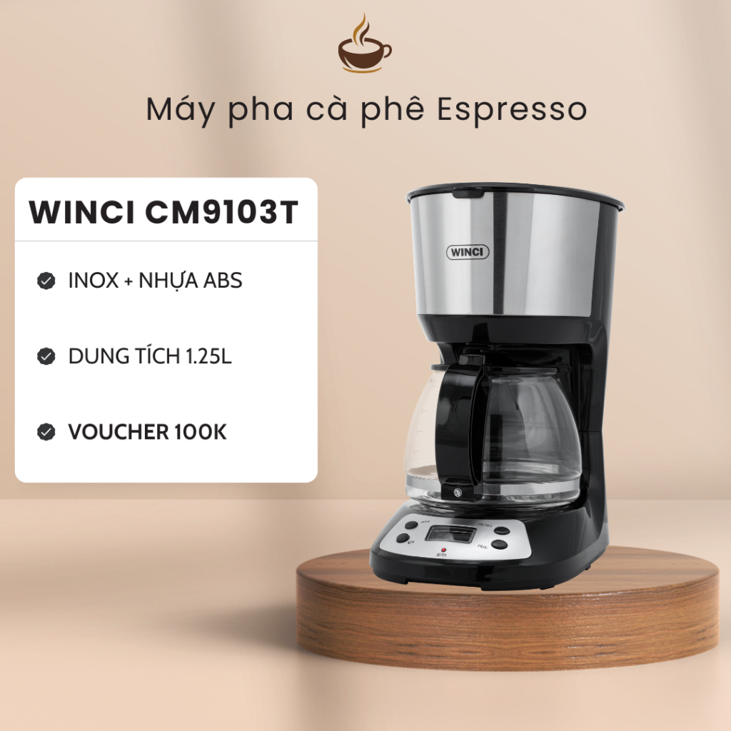 Máy Pha Cà Phê Tự Động và Pha Trà Winci CM9103T, Dung Tích 1.25L, Bảo hành 12 tháng.