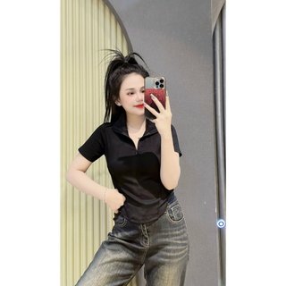 Áo thun ôm body nữ dáng ngắn cổ bẻ phối khoá kéo